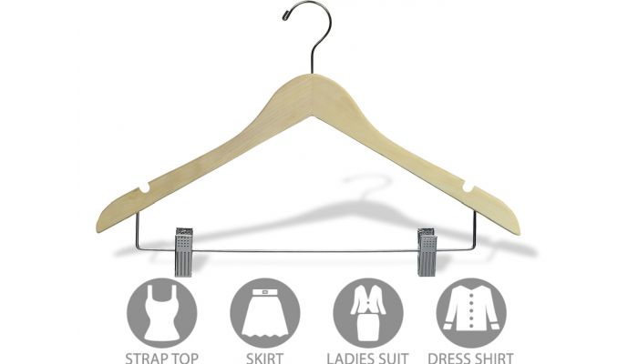 Order Unfinished Wood Combo Clothes Hanger With Clips & Notches - 17