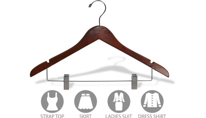 Walnut Wood Combo Clothes Hanger With Clips & Notches - 17