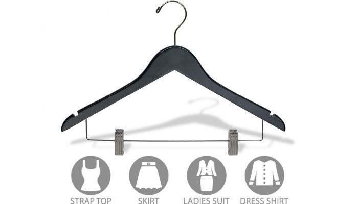 Black Wooden Coat Hangers with Chrome Clips