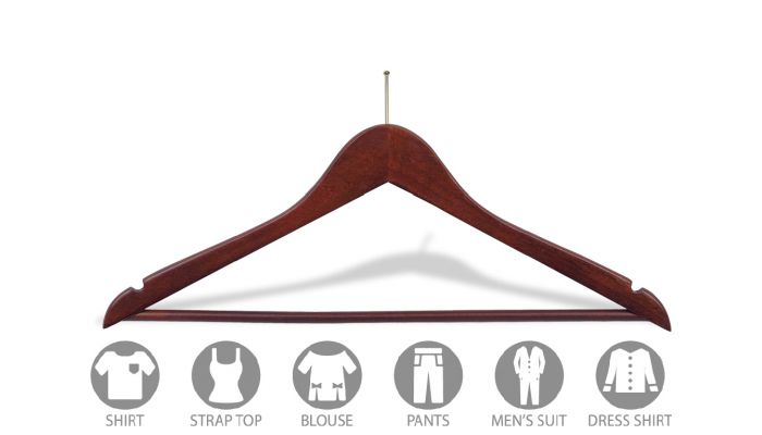Flat Walnut Wood Suit Hanger With Bar Brass Anti Theft Hook 17
