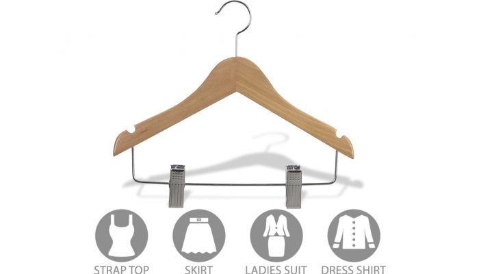 Order Natural Wood Combo Clothes Hanger With Notches Chrome Hardware - 11