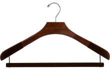 18" Walnut Wood Top Hanger W/ Flocked Shoulders & Flocked Bar