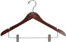 17" Walnut Wood Combo Hanger W/ Clips & Notches