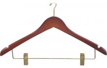 17" Walnut Wood Anti-Theft Combo Hanger W/ Clips & Notches