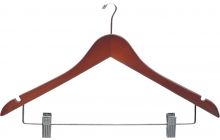 17" Walnut Wood Anti-Theft Combo Hanger W/ Clips & Notches