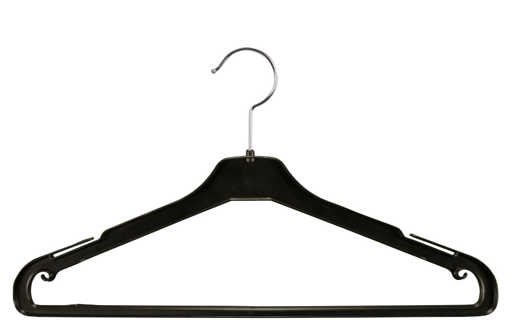 Black plastic hanger with notches