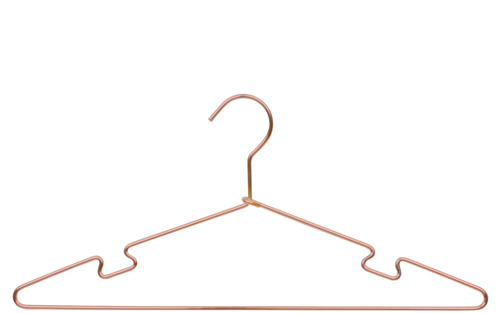 Rose gold metal top hanger with notches.